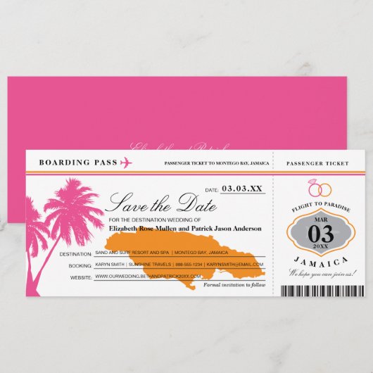 Jamaica Boarding Pass Roze & Sinaasappel Save the Save The Date (Voorkant / Achterkant)