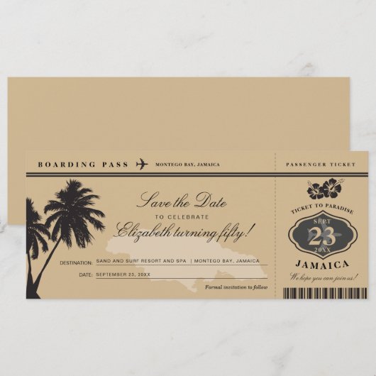 Jamaica Boarding Pass Save the Date Birthday (Voorkant / Achterkant)