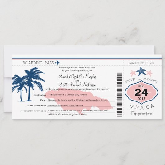 Jamaica Boarding Pass Wedding Kaart (Voorkant)