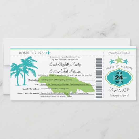 Jamaica Boarding Pass Wedding Kaart (Voorkant)