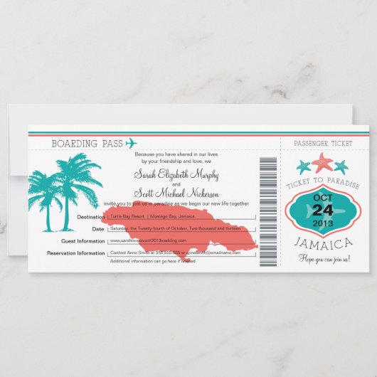 Jamaica Boarding Pass Wedding Kaart (Voorkant)