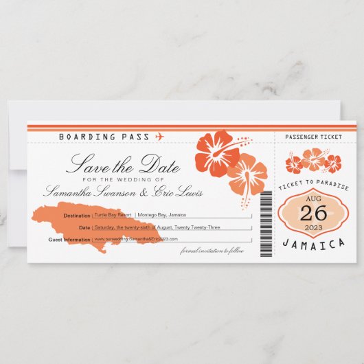 Jamaica Boarding Pass Wedding Save the Date (Voorkant)