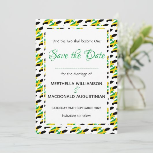 JAMAICA Custom Viering Schriftbruiloft Save The Date (Staand voorkant)