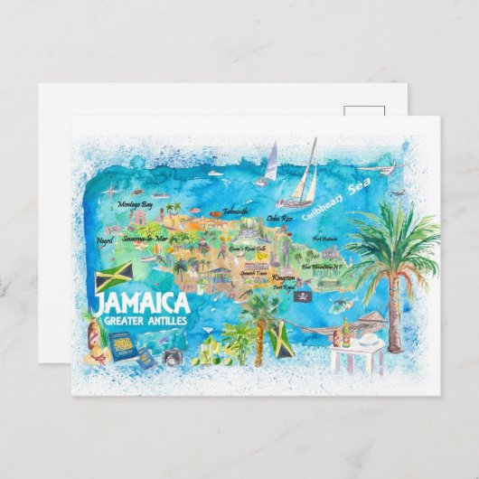 Jamaica Illustrated Travel Map met Wegen Feestdagenkaart (Voorkant / Achterkant)