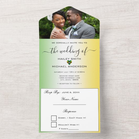 Jamaica Ombre Jamaicaanse Vlag Hart Foto Bruiloft All In One Uitnodiging (Binnen)