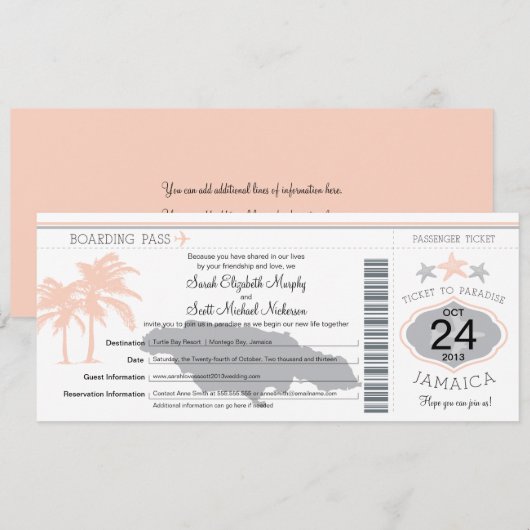 Jamaica Peach Gray Boarding Pass Wedding Kaart (Voorkant / Achterkant)