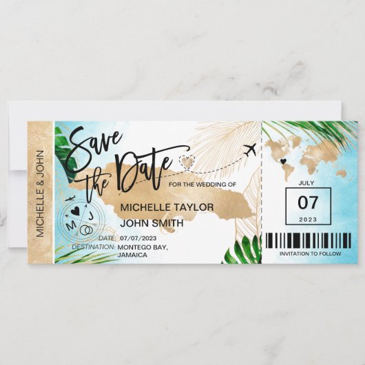 Jamaica Save the Date Boarding Pass Strand Tropisc Kaart (Voorkant)