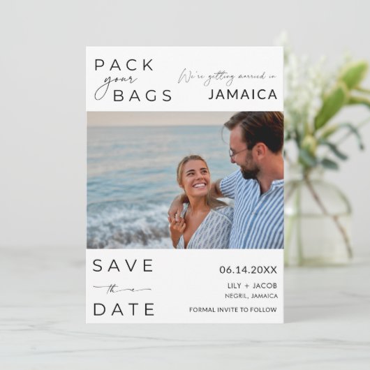 Jamaica Strand Bestemming Foto Bruiloft Save The Date (Staand voorkant)