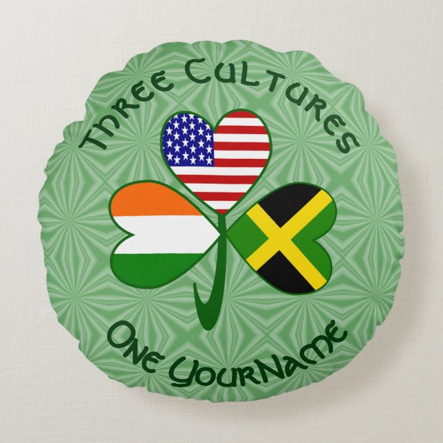 Jamaicaanse Ierse USA Vlaggen Shamrock gepersonali Rond Kussen (Voorkant)