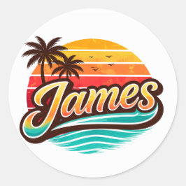 James Retro Sunset Tropische Naam Ontwerp Ronde Sticker