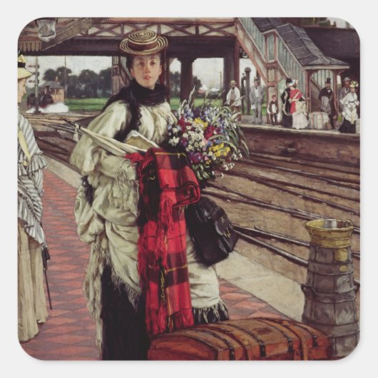 James Tissot | Wachten op het station Vierkante Sticker (Voorkant)