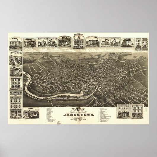 Jamestown New York 1882 Antiek Panorama Poster (Voorkant)