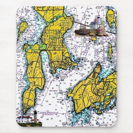 Jamestown RI Nautical Chart met vuurtoren Muismat (Voorkant)