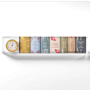 Jane Austen boeken en klok bureau plaat Naambordje