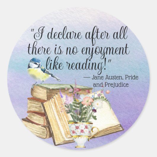Jane Austen Book Reading Quote Waterverf Flowers Ronde Sticker (Voorkant)