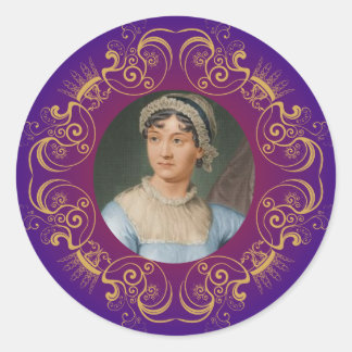 Jane Austen Color Portret in Gold Swirl Lijst Ronde Sticker