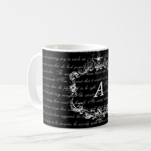 Jane Austen Text Black en White Monogram Mok (Voorkant links)
