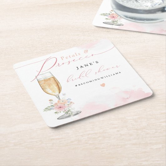 JANE Blush Bloemblaadjes & Prosecco Bruidsfeest Kartonnen Onderzetters (Schuin)