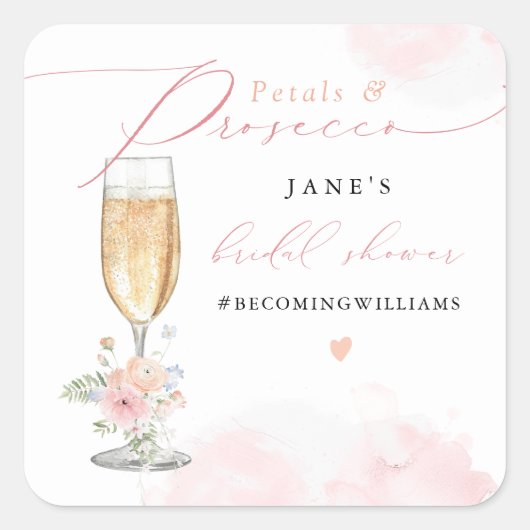 JANE Blush Bloemenbloemblaadjes & Prosecco Vrijgez Vierkante Sticker (Voorkant)
