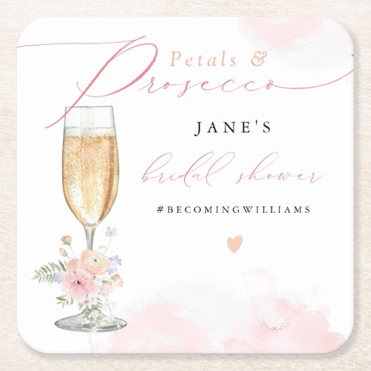 JANE Blush Bloemenkroon & Prosecco Bruidsfeest Kartonnen Onderzetters (Voorkant)