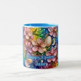 ~ JANE ~ GELUKKIG PASEN ~ Bloemen Eieren ~ Tweekleurige Koffiemok