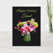 Janet Happy Birthday, Stargazer Lily Bouquet Kaart (Voorkant)