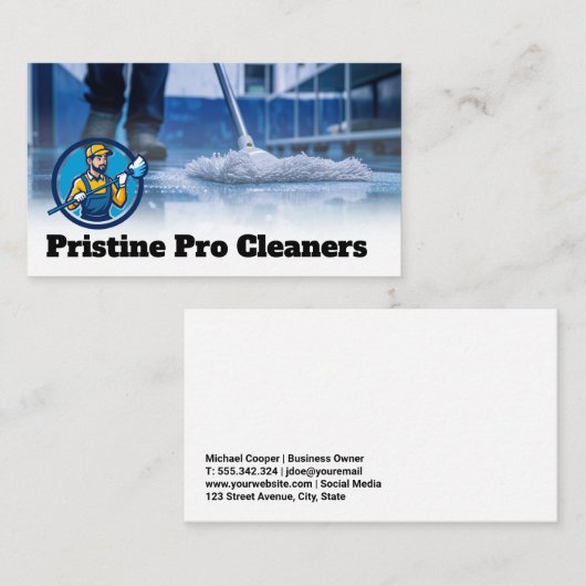 Janitor Mopping | Blauwe halsband schoonmaak banen Visitekaartje (Voorkant / Achterkant)