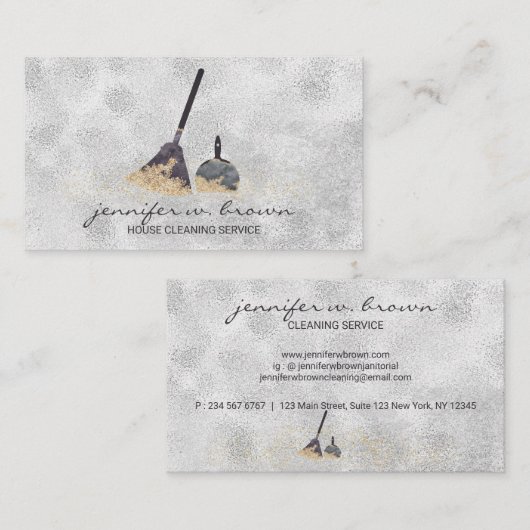 Janitorial Cleaning Gold Sparkle Maid Lady Silver Visitekaartje (Voorkant / Achterkant)