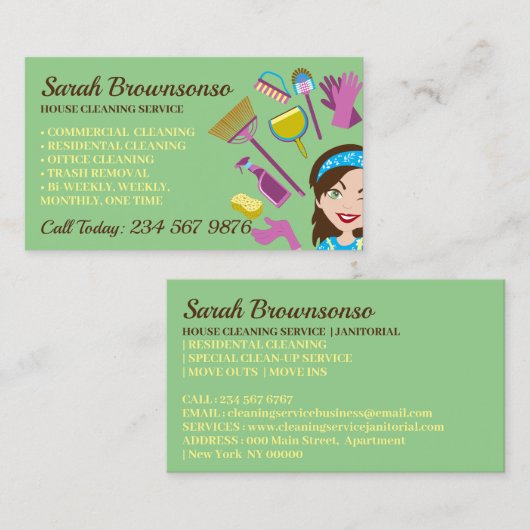 Janitorial Green Eye Lady Cartoon House Cleaning Visitekaartje (Voorkant / Achterkant)