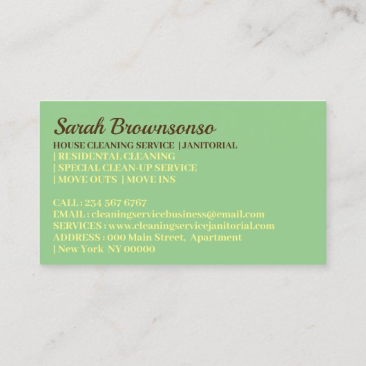 Janitorial Green Eye Lady Cartoon House Cleaning Visitekaartje (Achterkant)