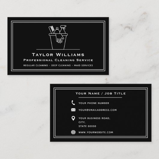 Janitorial Huis schoonmaak diensten zwart-wit Visitekaartje (Voorkant / Achterkant)