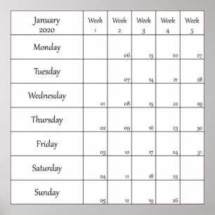 januari 2020 planner kalender met weeknummer poster