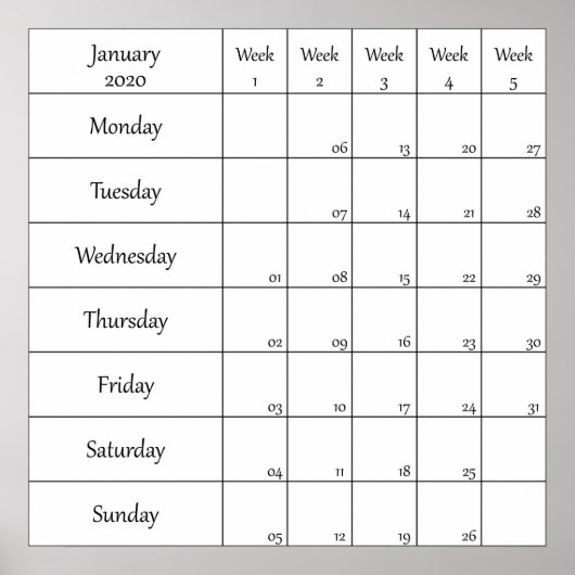 januari 2020 planner kalender met weeknummer poster (Voorkant)