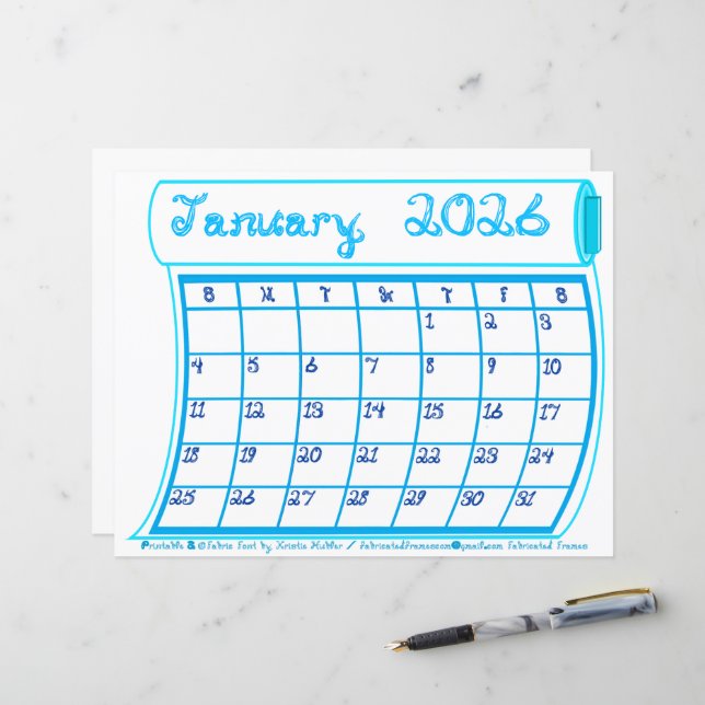 Januari 2026 Kalender Maand Bout Stof Lettertype P (Voorkant / Achterkant in situ)