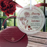 Januari Anjer Bloemen Verjaardag Keepsake Glas Ornament<br><div class="desc">Januari heeft eigenlijk twee bloemen in de viering van verjaardagen voor deze maand: anjers en sneeuwklokjes. Dit ontwerp kenmerkt de schoonheid van anjers. De edelsteen voor januari is granaat. Dit ontwerp is voorzien van de anjer bloemen en de edelstenen samen met de naam van de ontvanger in een granaat kleur....</div>
