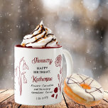 Januari Anjer Sneeuwklokje Verjaardag Keepsake Tweekleurige Koffiemok<br><div class="desc">Januari heeft eigenlijk twee bloemen in de viering van verjaardagen voor deze maand: anjers en sneeuwklokjes. Dit ontwerp kenmerkt de schoonheid van beide. De edelsteen voor januari is granaat. Dit ontwerp is voorzien van de anjer bloemen en de edelstenen samen met de naam van de ontvanger in een granaat kleur....</div>