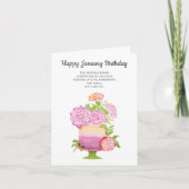 Januari Anjer Verjaardag Bloemen op Taart Kaart (Voorkant)