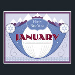 Januari Art Deco Winter Scene met Snowy Mountains Poster<br><div class="desc">Deze afbeeldingen,  aangepast aan onze populaire Art Deco-kalender,  geven elke maand van het jaar weer alsof het een  zeeplabel is. Januari brengt de wintertijd koud samen met bergen en sneeuw.</div>