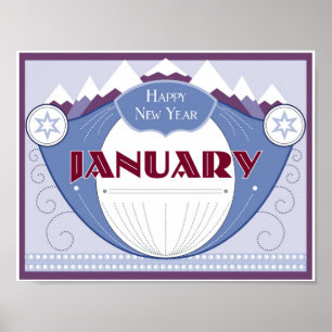 Januari Art Deco Winter Scene met Snowy Mountains Poster