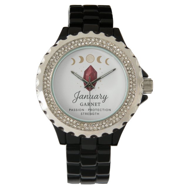 Januari Birthstone Horloge – Granaat Crystal Desig (Voorkant)
