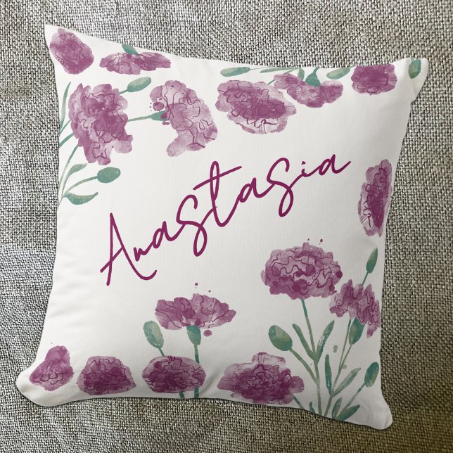 Januari Geboortemaand Anjer Gepersonaliseerd Kussen (January birth month flower personalized custom script name watercolor carnation botanical art pillow)