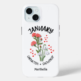 JANUARI Geboortemaand Bloem Aangepaste naam iPhone 15 Case