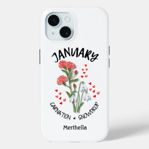 JANUARI Geboortemaand Bloem Aangepaste naam iPhone 15 Case