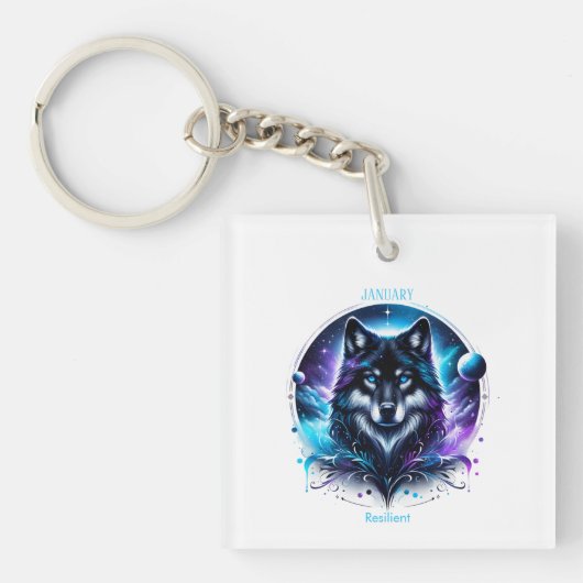 Januari Geboortemaand Spirit Animal Wolf Sleutelhanger (Voorkant)