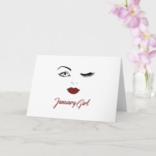 Januari Girl Eyes Cute Red Lips Wink Birthday Kaart (Orchidee)