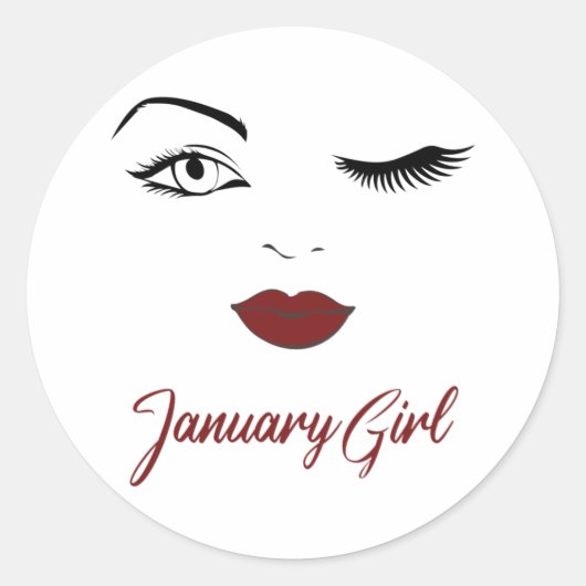 Januari Girl Eyes Cute Red Lips Wink Birthday Ronde Sticker (Voorkant)