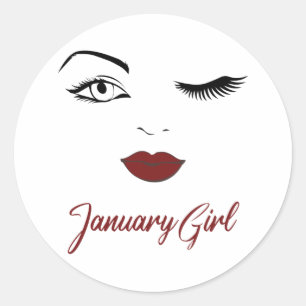 Januari Girl Eyes Cute Red Lips Wink Birthday Ronde Sticker