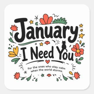 Januari Schattige Handgetekende Typografie Bloemri Vierkante Sticker