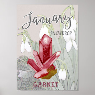 Januari Snowdrops en Garnet Birthday Poster