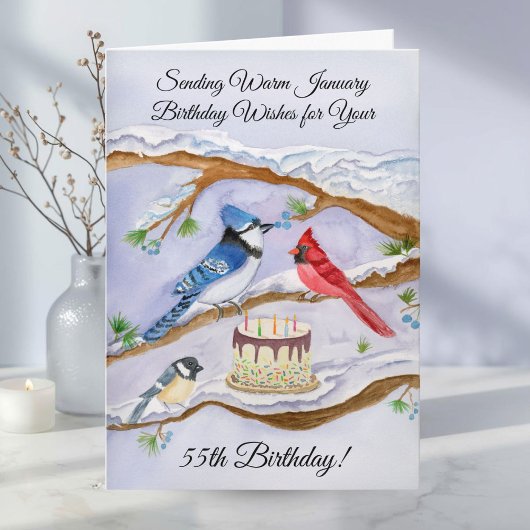 January 55th Birthday Backyard Birds Watercolor Kaart